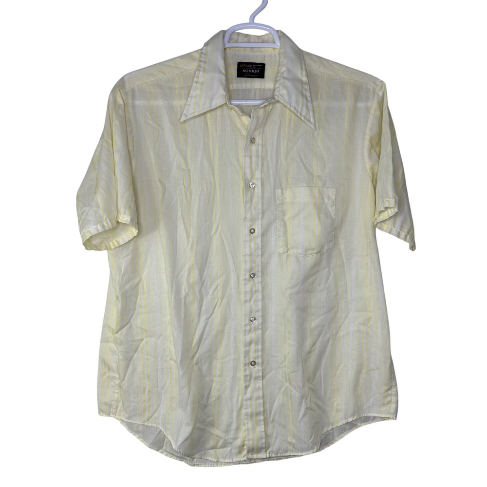 Vintage JCPenney Shirt Mens 17 XL Yellow White Stripe Short Sleeve Rockabilly